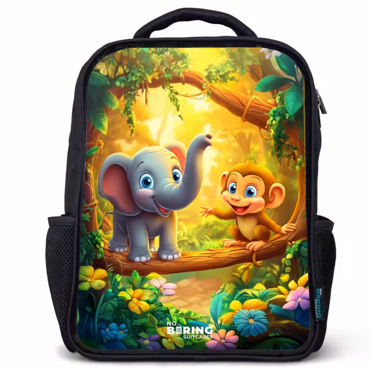 Kids backpack - Black - Elephant and monkey in colorful jungle — 1