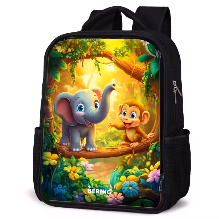 Kids backpack - Black - Elephant and monkey in colorful jungle — 4