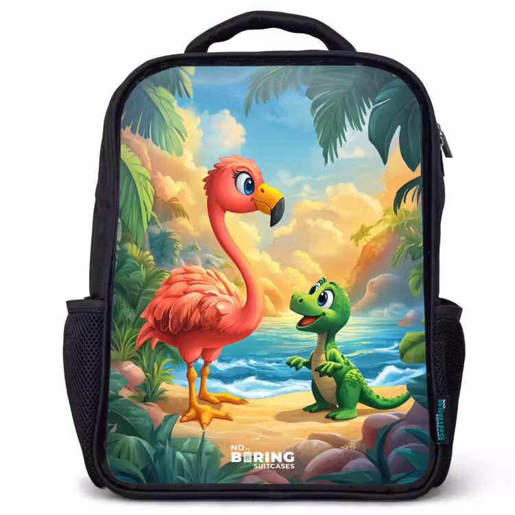 Kids backpack - Black - Flamingo and dinosaur on beach at sunset — 1