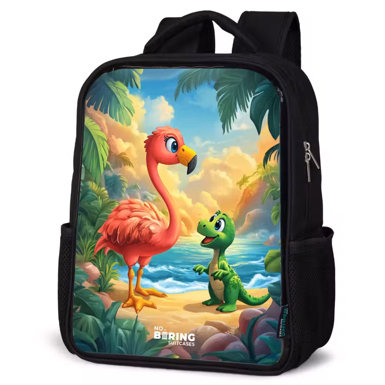 Kids backpack - Black - Flamingo and dinosaur on beach at sunset — 4