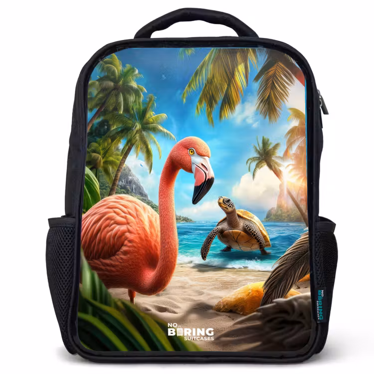 Kids backpack - Black - Flamingo and turtle on tropical beach — 1