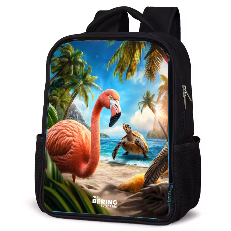 Kids backpack - Black - Flamingo and turtle on tropical beach — 4
