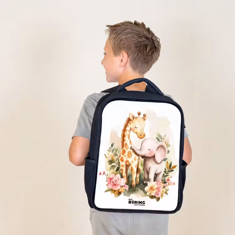 Kids backpack - Black - Giraffe and elephant among flowers on white background — 2