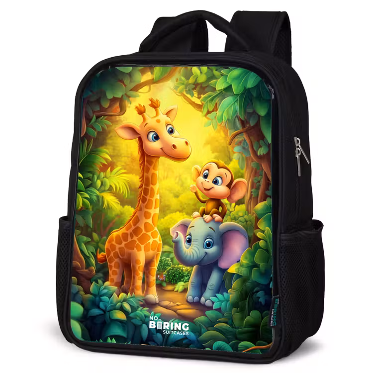 Kids backpack - Black - Giraffe, elephant and monkey in the forest — 4