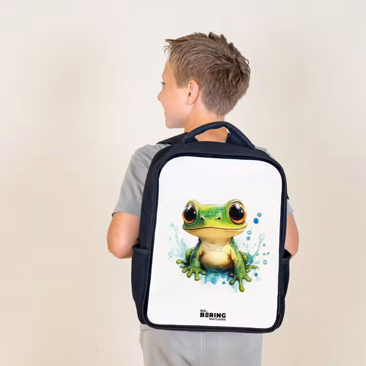 Kids backpack - Black - Green frog with big eyes on white background — 2