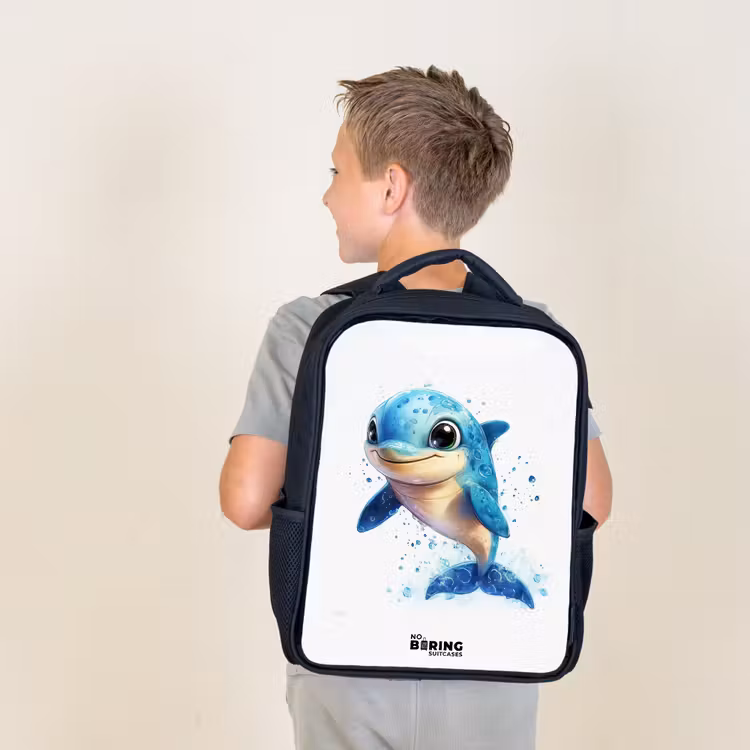 Kids backpack - Black - Happy dolphin with water drops on white — 2