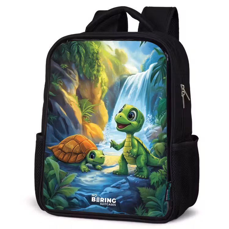 Kids backpack - Black - Turtle and dino at waterfall in tropical forest — 4