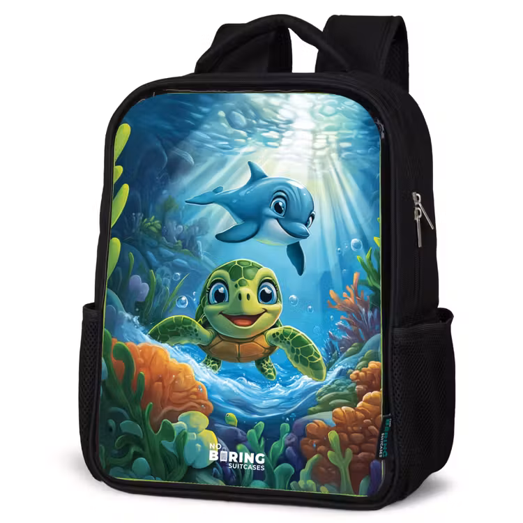 Kids backpack - Black - Turtle and dolphin in blue ocean — 4