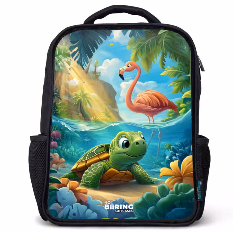 Kids backpack - Black - Turtle in tropical water with flamingo — 1