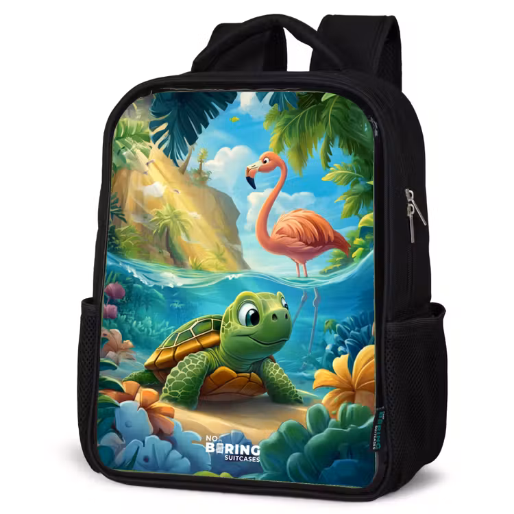 Kids backpack - Black - Turtle in tropical water with flamingo — 4