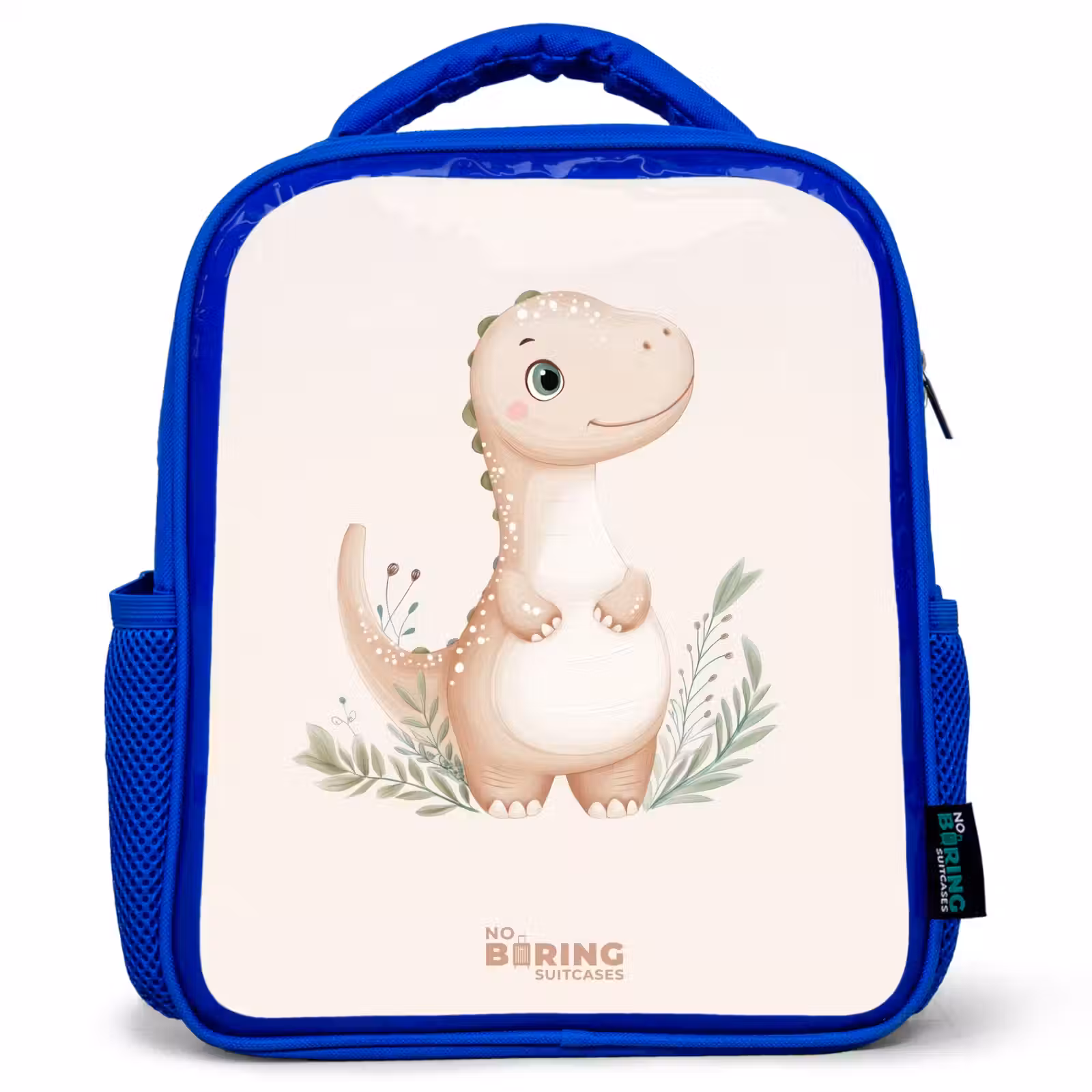 Kids backpack - Blue - Beige dinosaur with green leaves — 1
