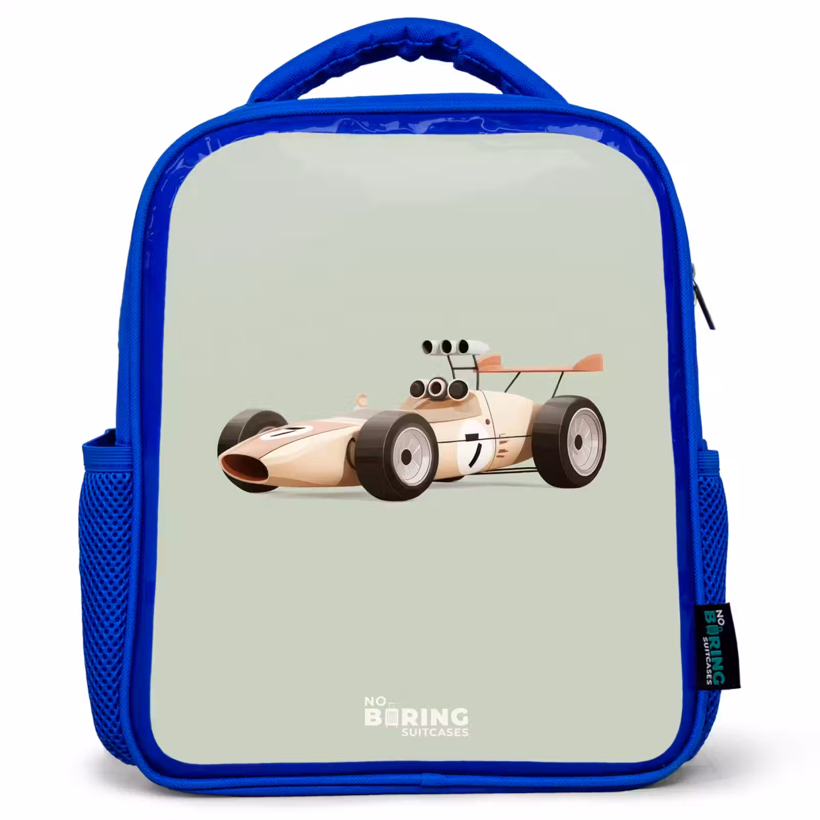 Kids backpack - Blue - Beige retro race car on green background — 1