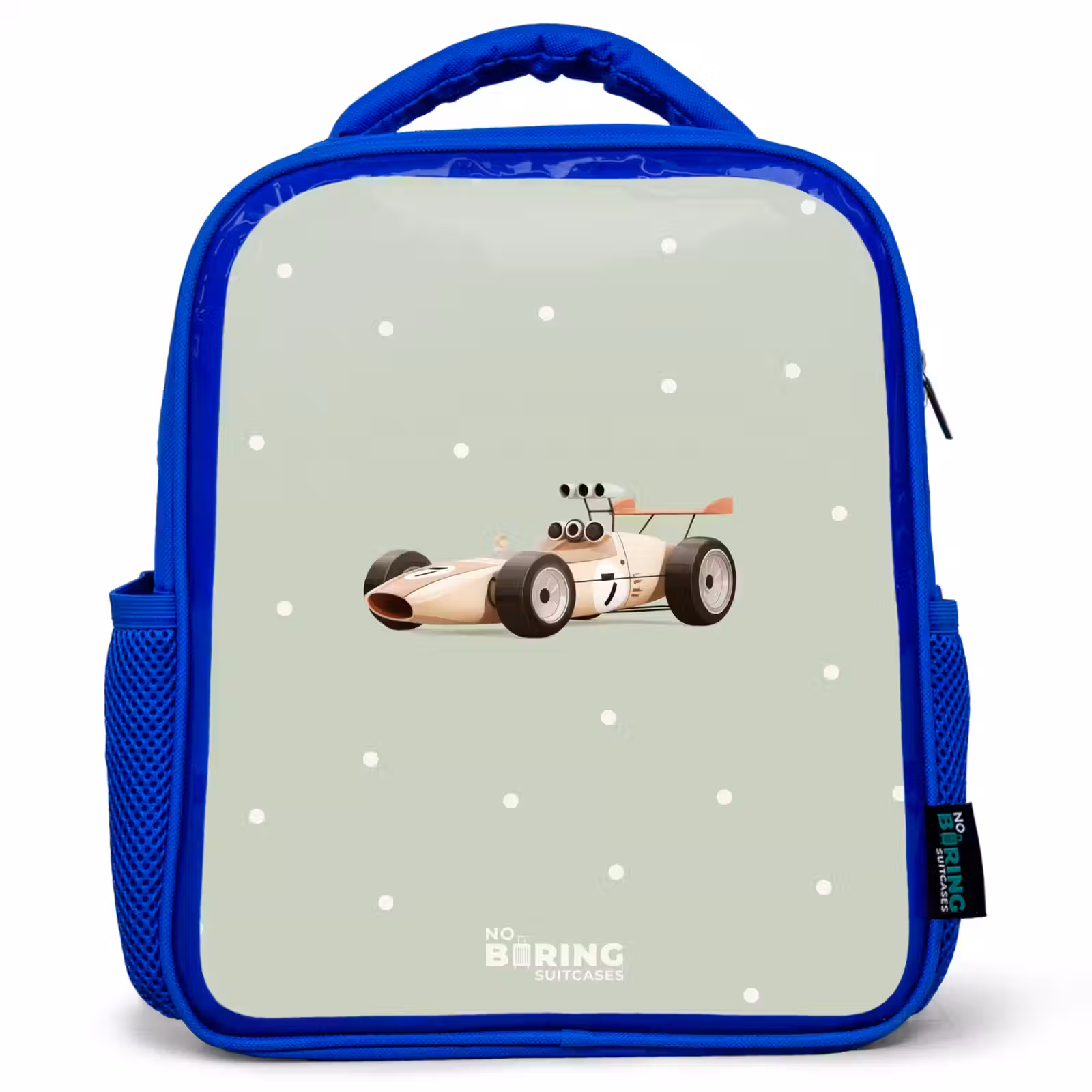 Kids backpack - Blue - Beige retro race car on green polka dots background — 1