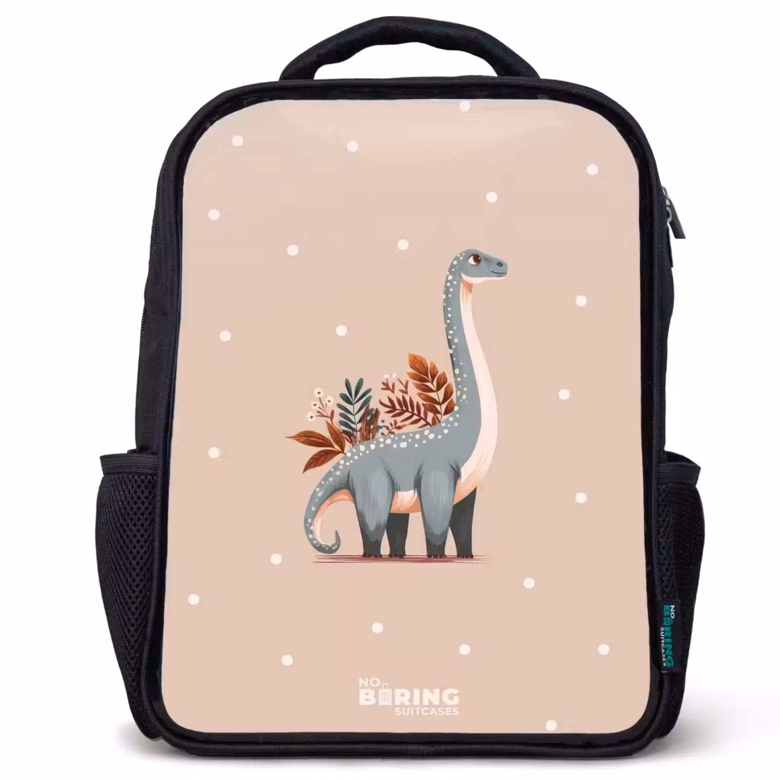 Kids backpack - Blue dinosaur on a beige polka dot background — 1