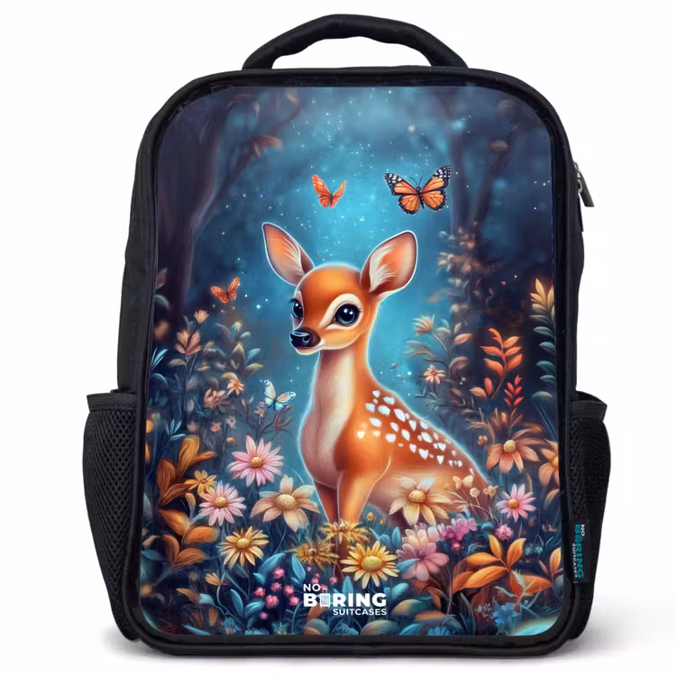 Kids backpack - Black - Deer among flowers in enchanted forest — 1