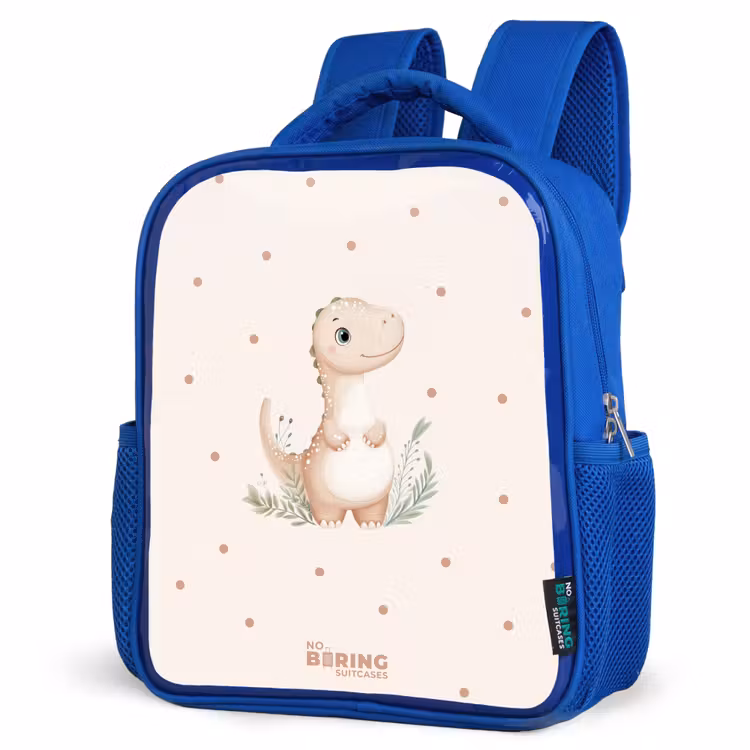 Kids backpack - Blue - Beige dino on a polka dot background — 3
