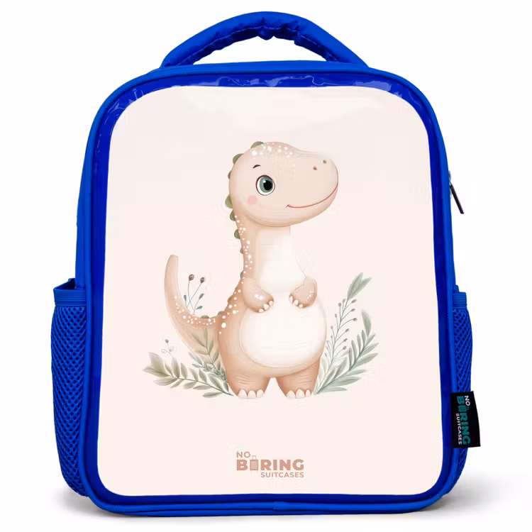 Kids backpack - Blue - Beige dinosaur with green leaves — 1