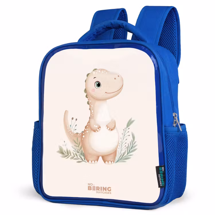Kids backpack - Blue - Beige dinosaur with green leaves — 3