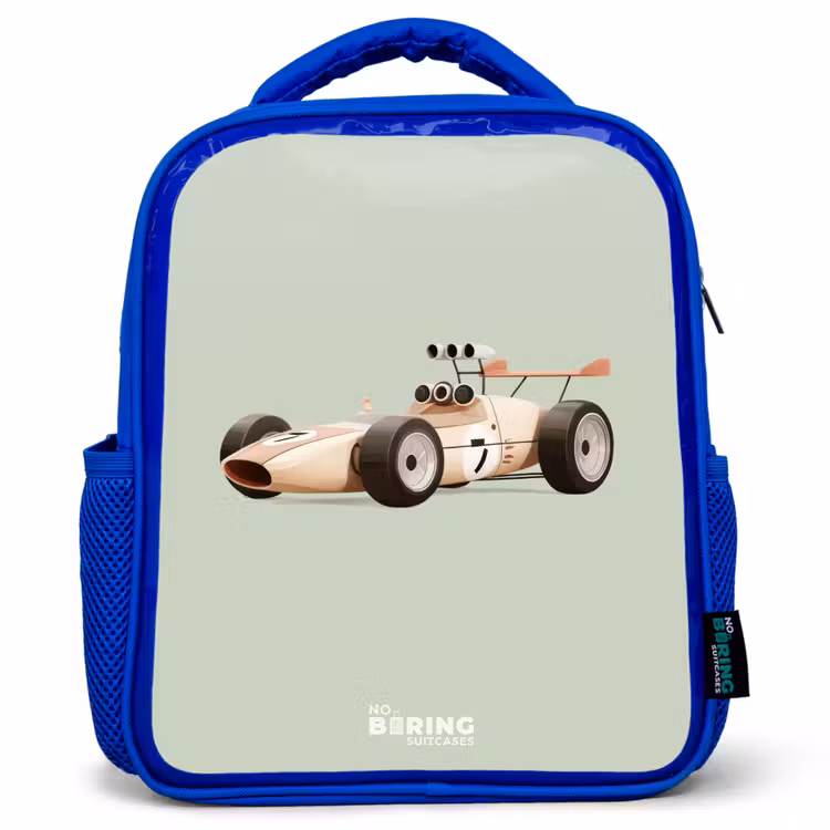 Kids backpack - Blue - Beige retro race car on green background — 1