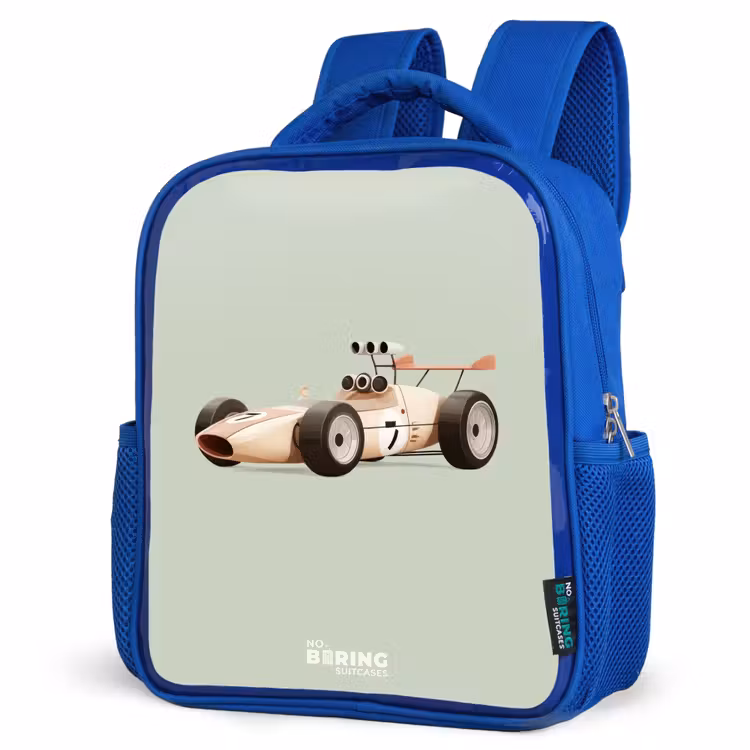 Kids backpack - Blue - Beige retro race car on green background — 3