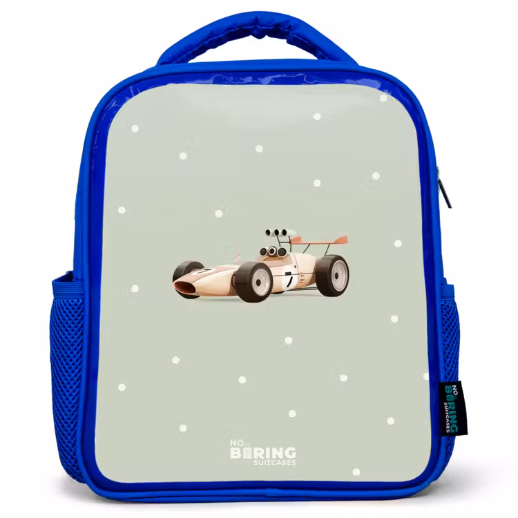 Kids backpack - Blue - Beige retro race car on green polka dots background — 1