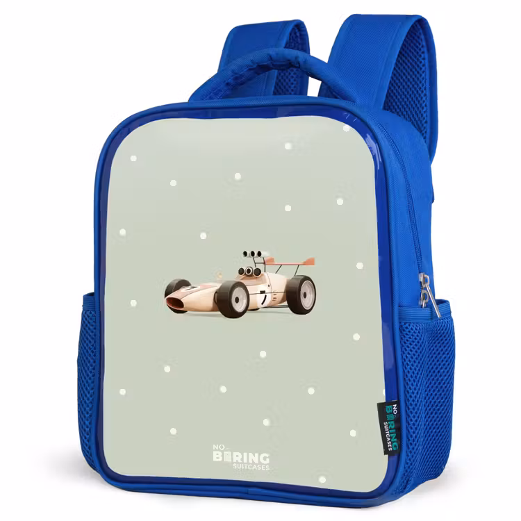 Kids backpack - Blue - Beige retro race car on green polka dots background — 3