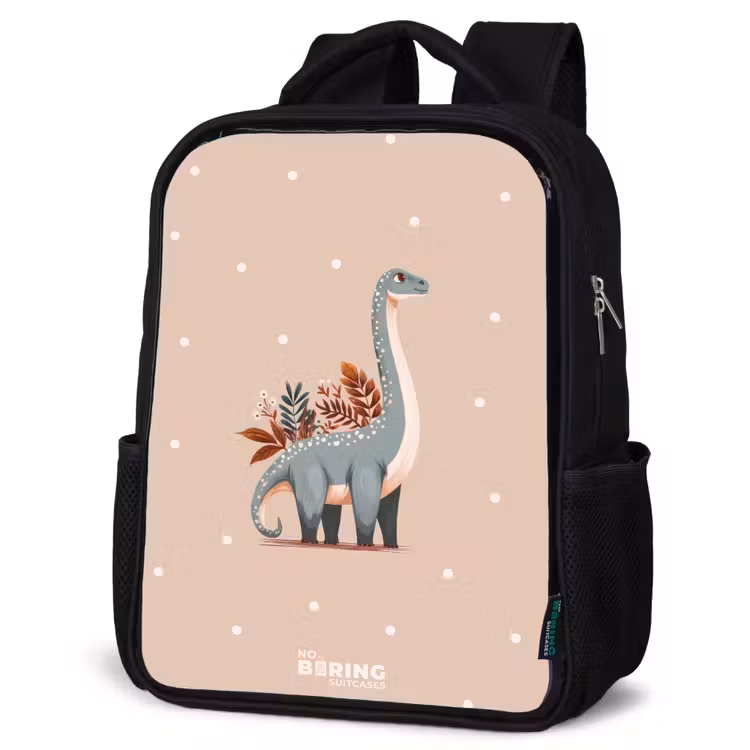 Kids backpack - Blue dinosaur on a beige polka dot background — 4