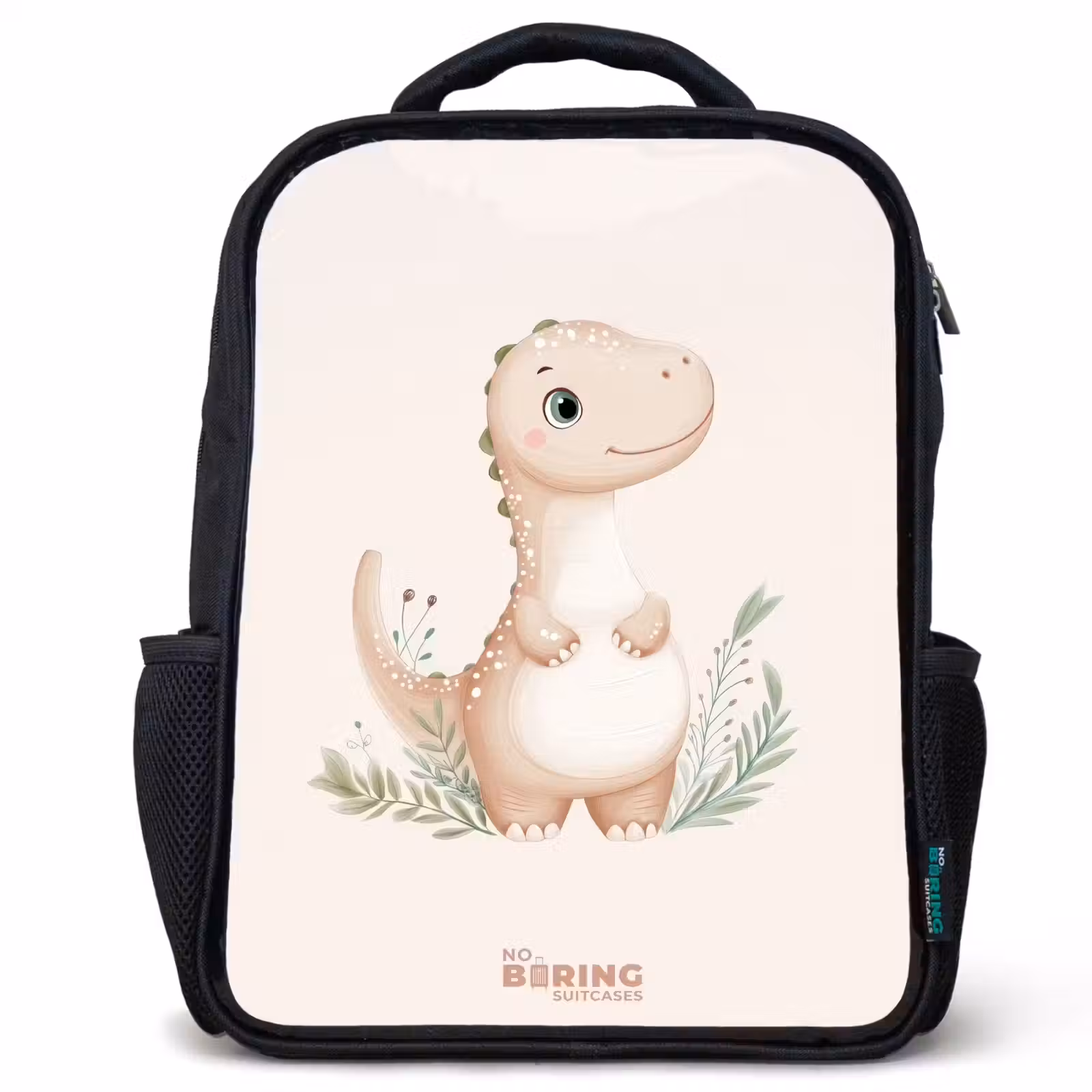 Kids backpack - Black - Beige dinosaur with green leaves — 1