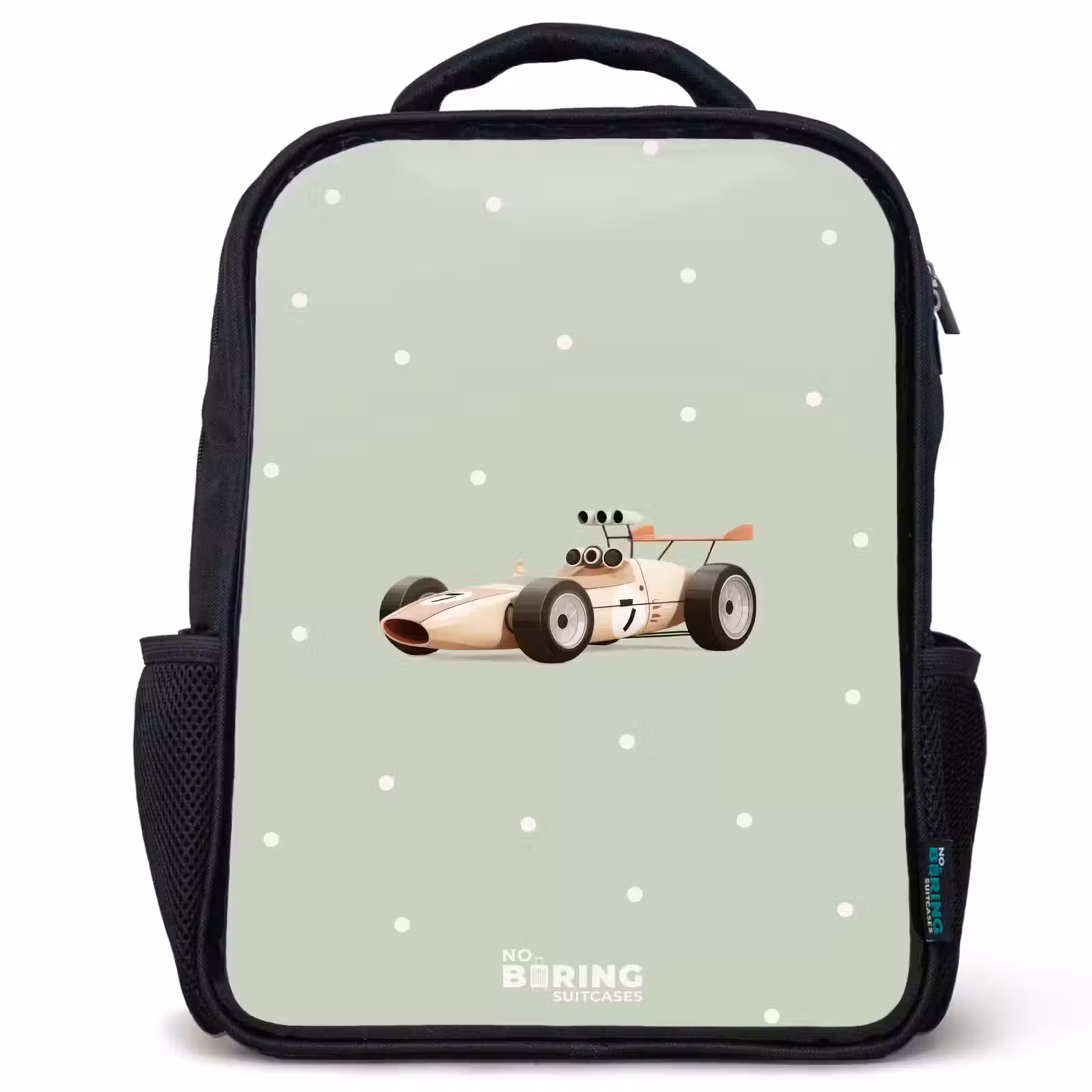 Kids backpack - Black - Beige retro race car on green polka dots background — 1
