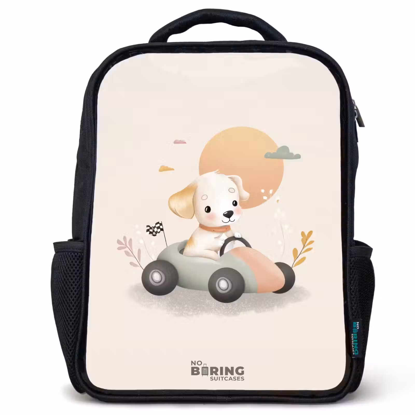 Kids backpack - Black - Puppy in a race car in beige colors — 1