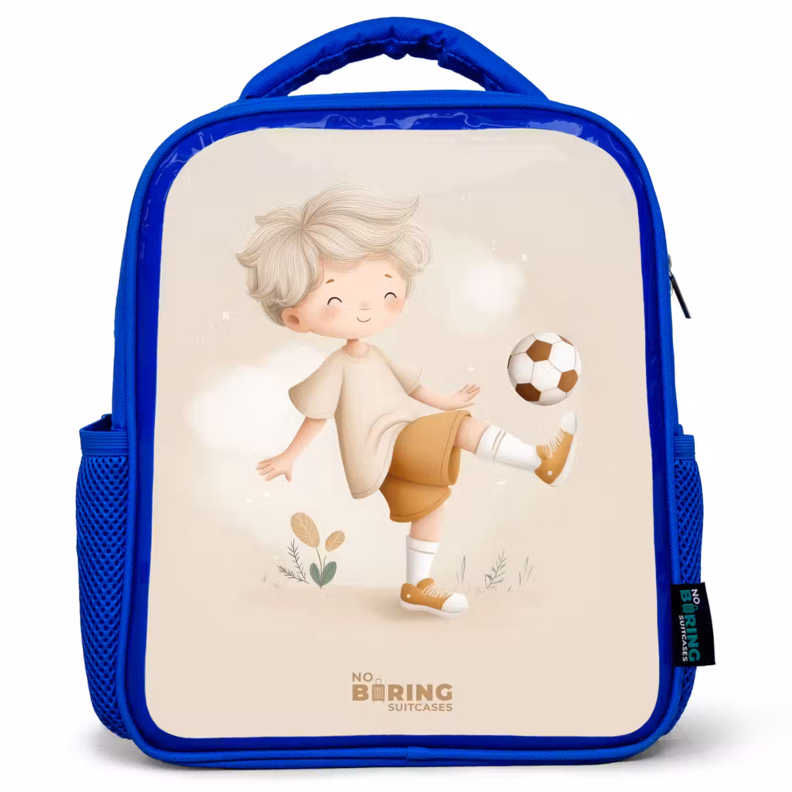 Kids backpack - Blue - Boy with a soccer ball in beige colors — 1