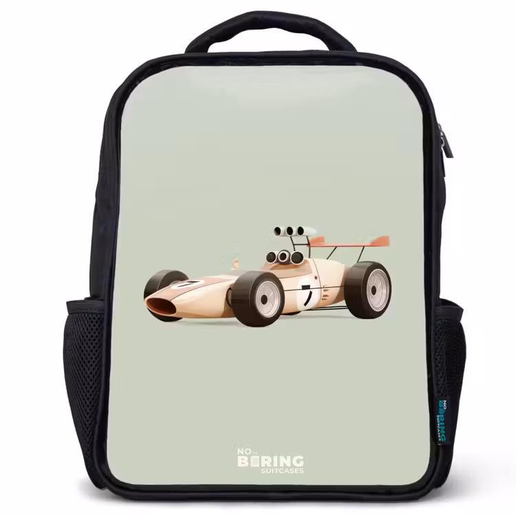 Kids backpack - Beige retro race car on green background — 1