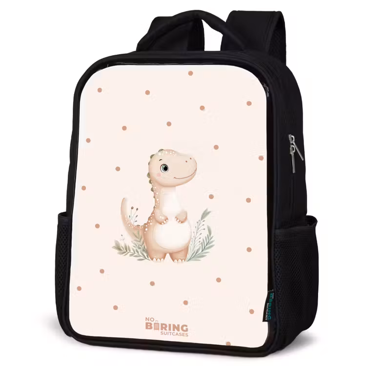 Kids backpack - Black - Beige dino on a polka dot background — 4