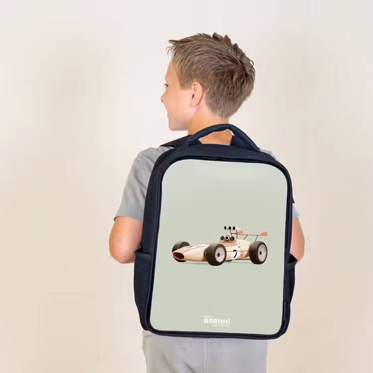 Kids backpack - Black - Beige retro race car on green background — 2