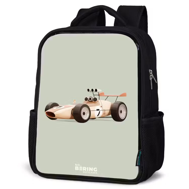 Kids backpack - Black - Beige retro race car on green background — 4