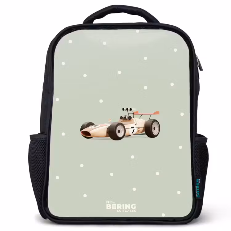 Kids backpack - Black - Beige retro race car on green polka dots background — 1
