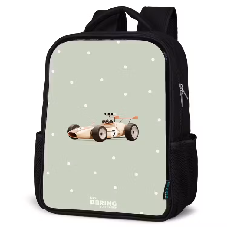 Kids backpack - Black - Beige retro race car on green polka dots background — 4