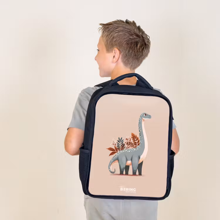Kids backpack - Black - Blue dinosaur on a beige background — 2