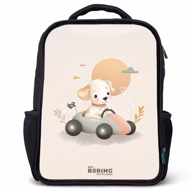 Kids backpack - Black - Puppy in a race car in beige colors — 1