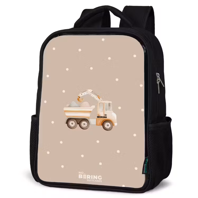 Kids backpack - Black - Yellow dump truck with stones and dot pattern — 4