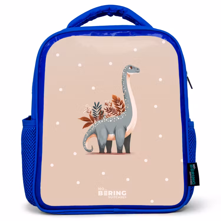 Kids backpack - Blue - Blue dinosaur on a beige polka dot background — 1