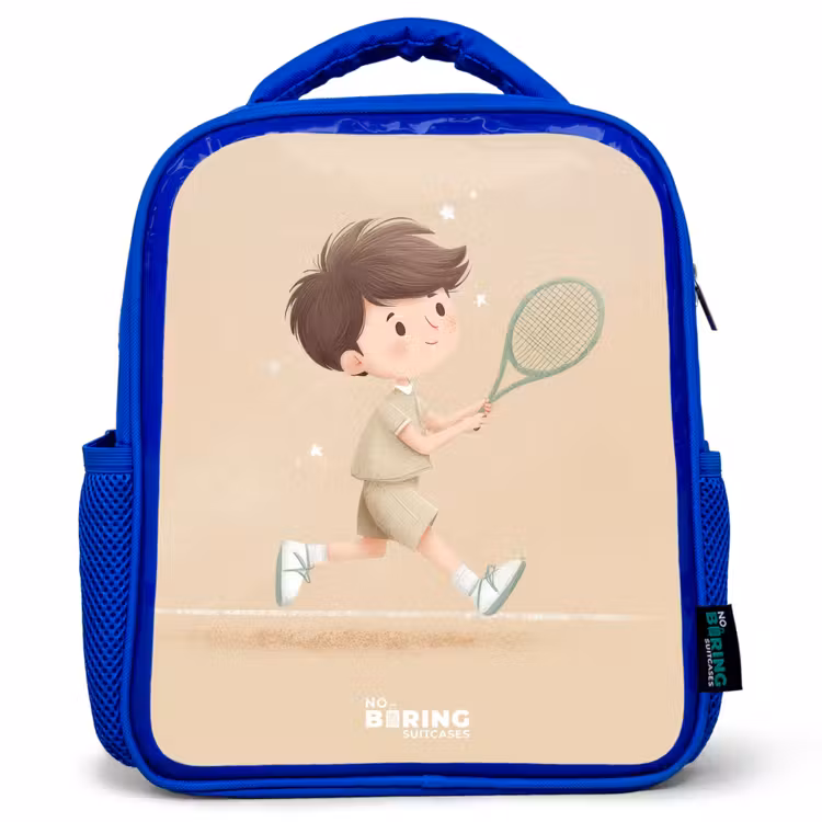 Kids backpack - Blue - Boy plays tennis on sand-colored background — 1