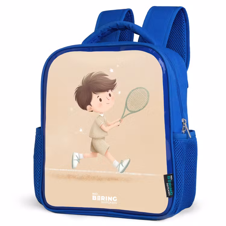 Kids backpack - Blue - Boy plays tennis on sand-colored background — 3