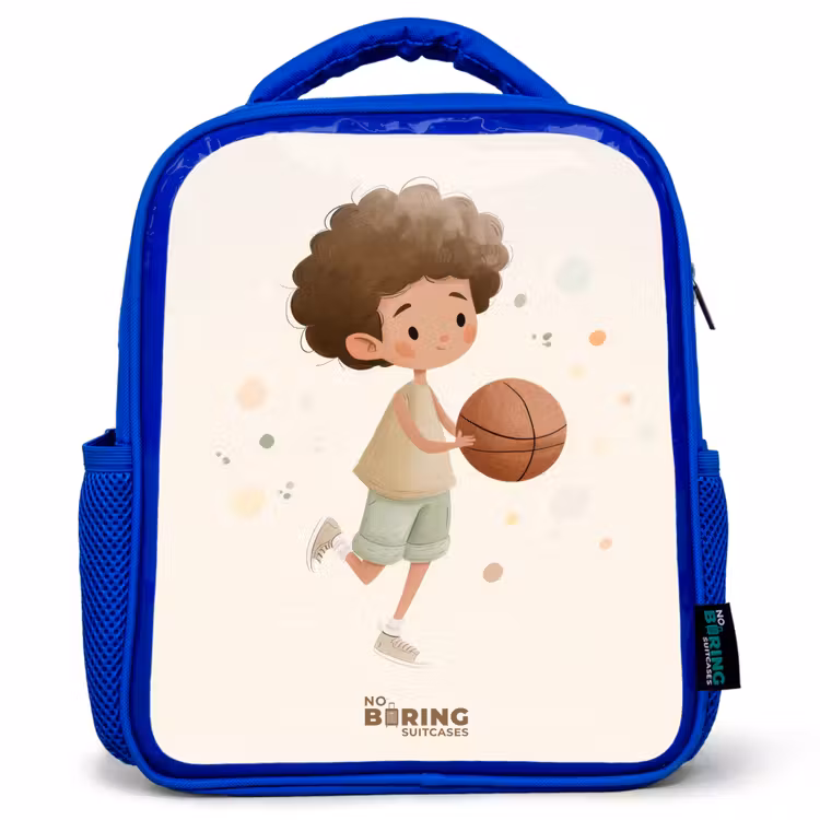 Kids backpack - Blue - Boy with a basketball in beige colors — 1
