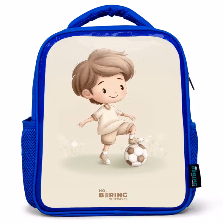 Kids backpack - Blue - Boy with a soccer ball in brown shades — 1