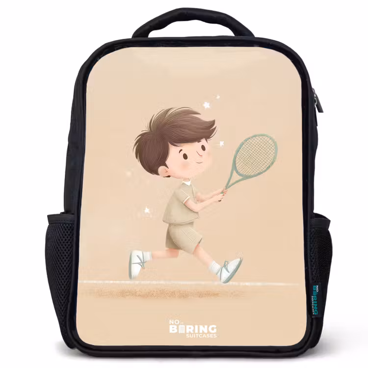 Kids backpack - Black - Boy plays tennis on sand-colored background — 1