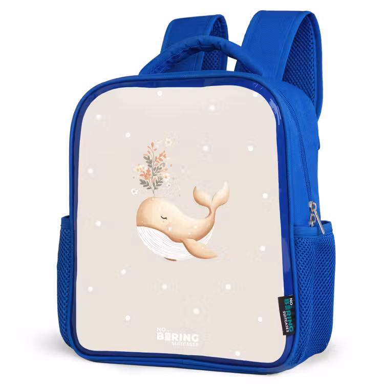 Kids backpack - Blue - Beige whale in sea of flowers — 3