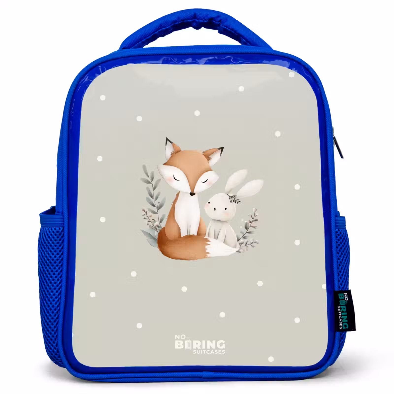 Kids backpack - Blue - Fox and rabbit surrounded by green leaves and dots — 1