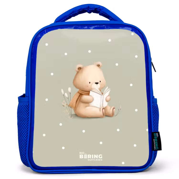 Kids backpack - Blue - A brown bear reading a book - Green — 1