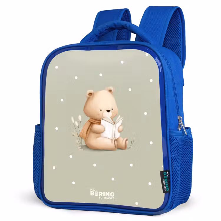Kids backpack - Blue - A brown bear reading a book - Green — 3